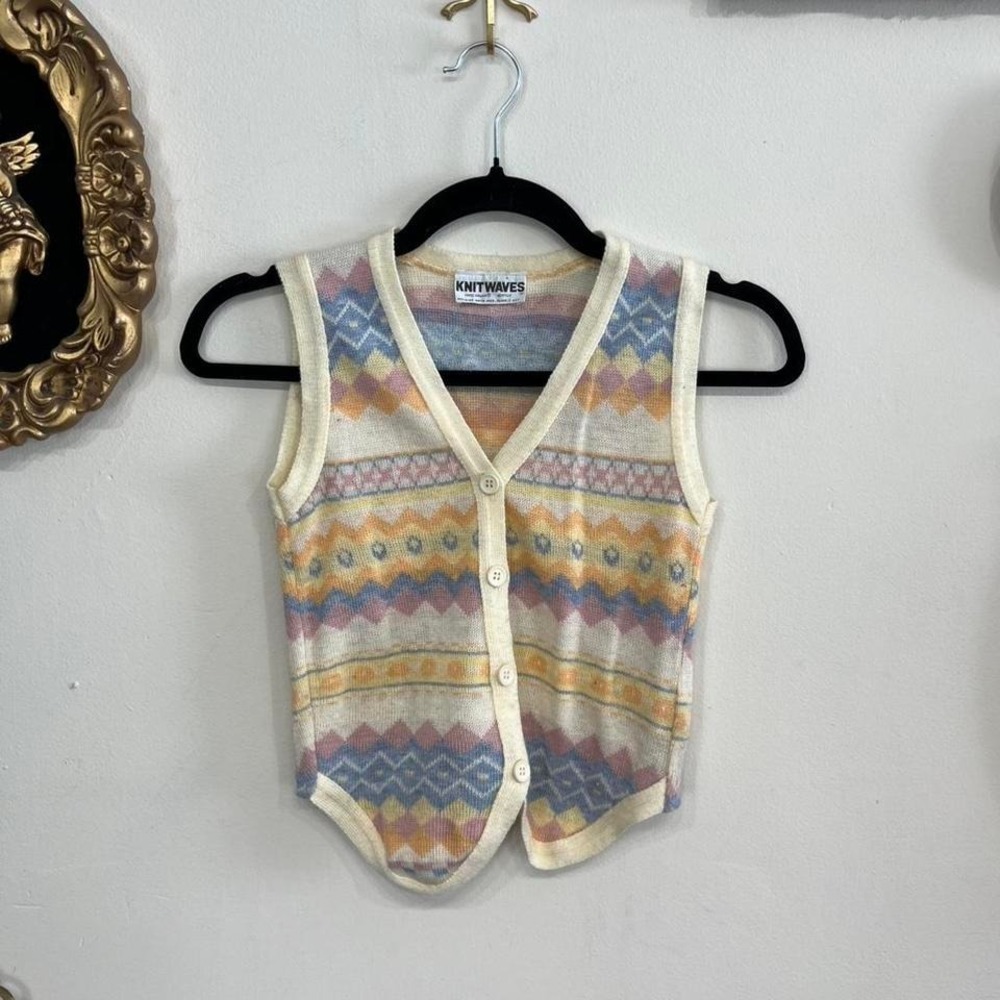 Vintage Knitwaves Pastel Pattern‎ Knit Vest Button Front Retro Sweater Vest